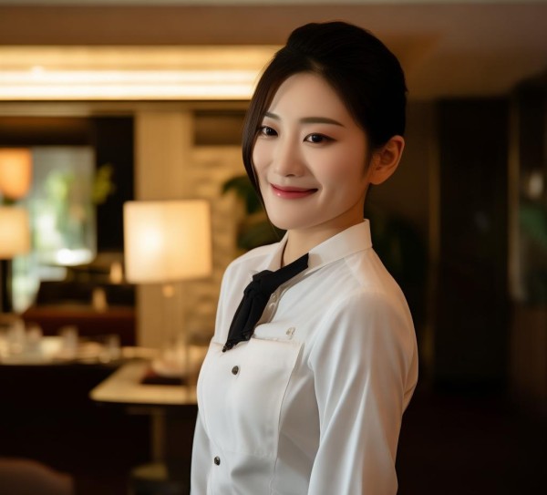 泊里酒店服务员，以标准迎宾礼仪，传递专业与温暖的服务温度
